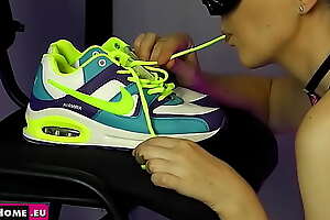 ASMR - Nike sneakers fetish. The girl licks the used shoes.