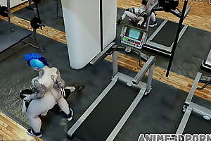 Two shemales bang brunette in a gym threesome