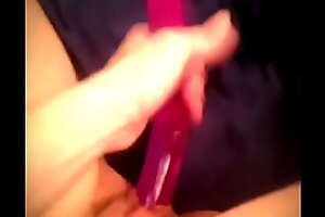 My little sister fucking her tight little pussy with her pink dildo until she cums!
