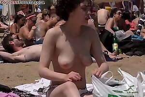 Beauty Brunette lass Topless Beach Voyeur Public Nude