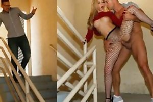 Hot blonde milf in fishnet ripped stockings does blowjob and is fucked in real hardcore sex movie