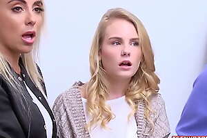Blonde young stepdaughter Natalie Knight and big tits stepmom Kylie Kingston caught shoplifting and banged by officer